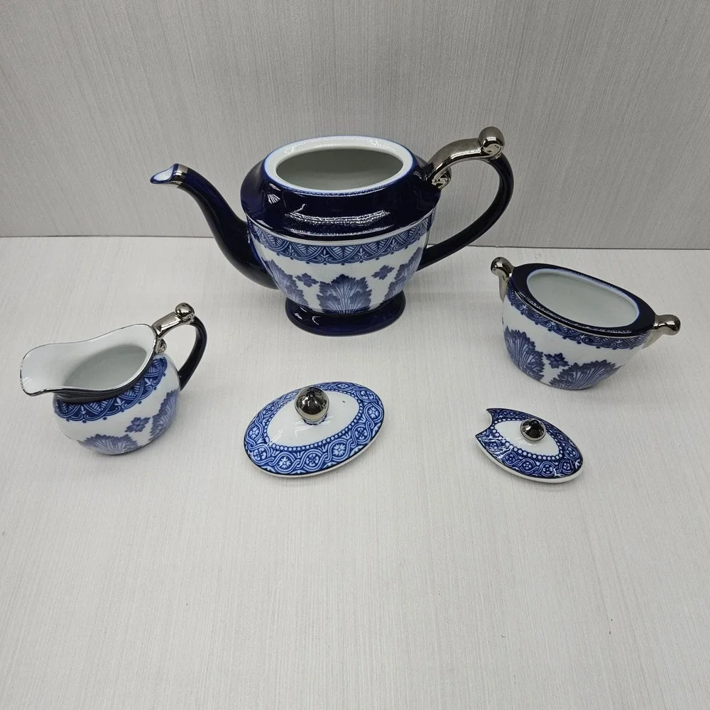 Bombay Blue White Porcelain Tea Set Teapot Sugar Creamer Silver Trim 3 Piece